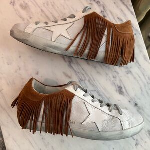 Golden Goose Superstar Low Top Sneakers with Brown Fringe Size 7 Unworn!